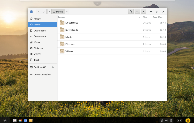 एंडलेस ओएस डेस्कटॉप पर फ़ाइल मैनेजर खुला