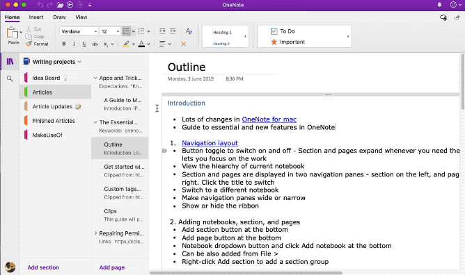 OneNote Mac में नेविगेट करें फलक टॉगल करें