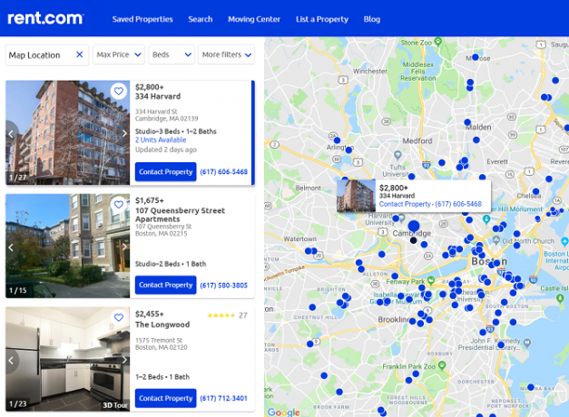 अपार्टमेंट के किराए के लिए rent.com का नक्शा