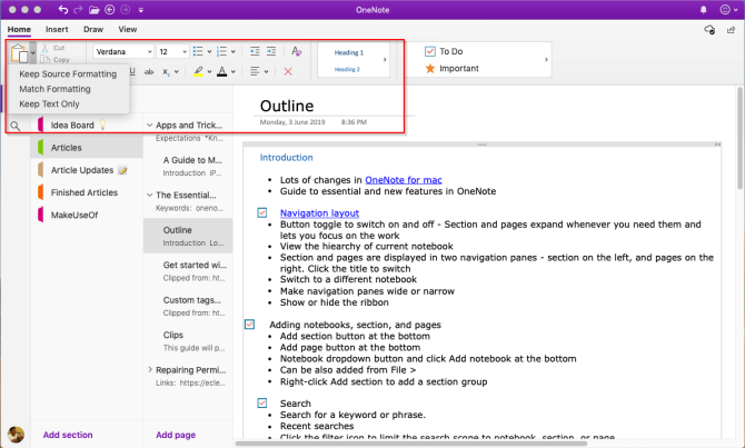 OneNote Mac में स्वरूपण उपकरण