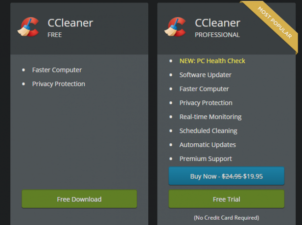 CCleaner संस्करण तुलना