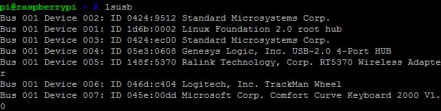 रास्पबेरी पाई से जुड़े यूएसबी उपकरणों के बारे में जानने के लिए lsusb का उपयोग करें
