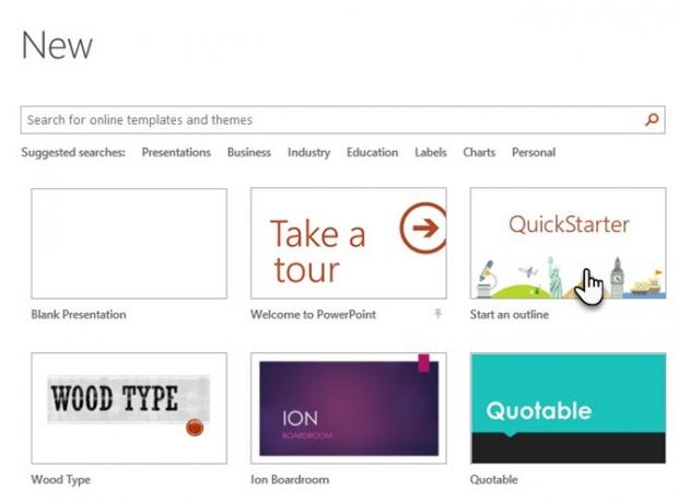 पॉवरपॉइंट क्विकस्टार्टर तुरंत किसी भी नई प्रस्तुति की रूपरेखा तैयार करता है और आपको राइट पॉवरपॉइंट स्टार्टर शुरू करता है