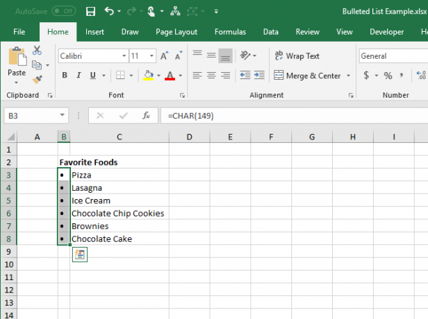 CHAR फ़ंक्शन Excel में कक्षों में प्रवेश किया