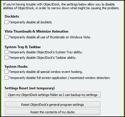 ObjectDock: जल्दी से अपने डेस्कटॉप को कस्टमाइज़ करें और इसकी कार्यक्षमता बढ़ाएँ [Windows] ObjectDock सेटिंग्स समस्या निवारण विकल्प