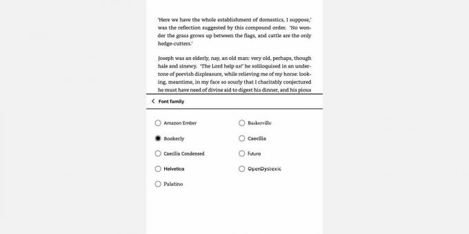 Amazon Kindle Font परिवार मेनू का स्क्रीनशॉट