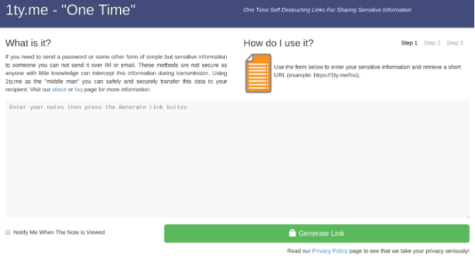 1ty.me एक बार पढ़ने वाले नोट्स और पासवर्ड भेजने के लिए एक सुरक्षित ऐप है