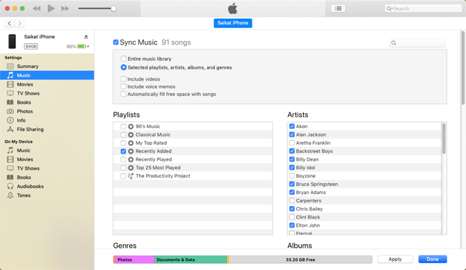 ITunes के साथ विशिष्ट संगीत को सिंक करना