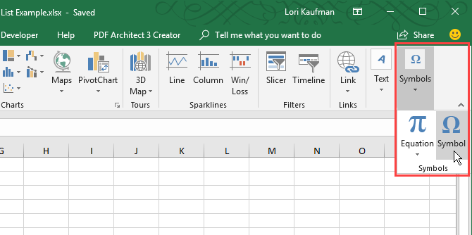 Excel में सम्मिलित करें टैब पर प्रतीकों पर क्लिक करें