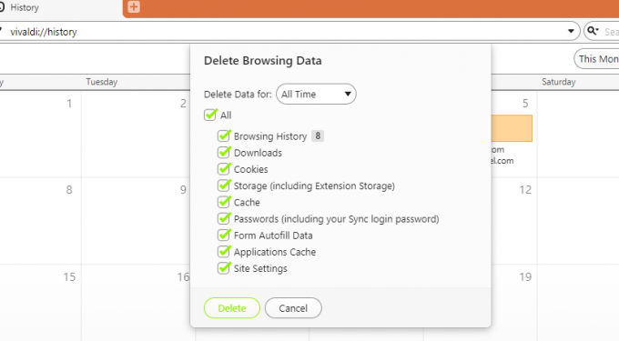 साफ़ ब्राउज़िंग डेटा विंडो का स्क्रीनशॉट Vivaldi