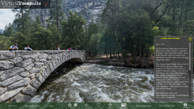 वर्चुअल Yosemite राष्ट्रीय उद्यान में 360 डिग्री पैनोरमा शॉट्स और प्रमुख हॉटस्पॉट के ऑडियो प्रदान करता है