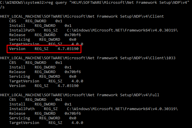 कमांड प्रॉम्प्ट .NET फ्रेमवर्क संस्करण