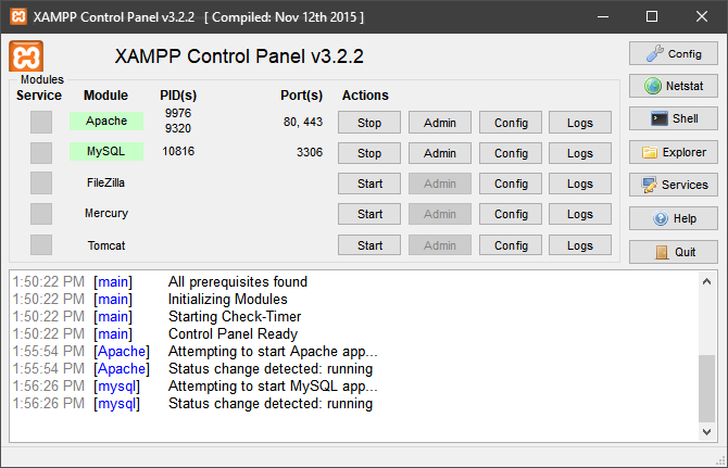 xampp नियंत्रण कक्ष