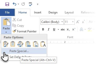 Microsoft Word चिपकाएँ विशेष राइट-क्लिक करें