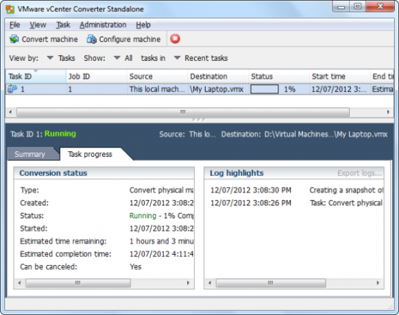 VMware vCenter-कनवर्टर प्रगति