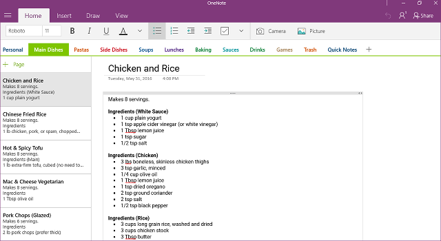 OneNote इंटरफ़ेस-windows-एप्लिकेशन