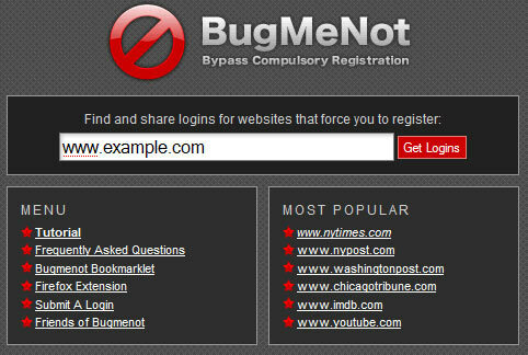 BugMeNot - डिस्पोजेबल लॉगिन विवरण