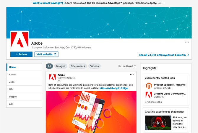लिंक्डइन पर एडोब का पालन करें