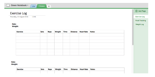 फिटनेस लॉग OneNote उदाहरण स्क्रीनशॉट