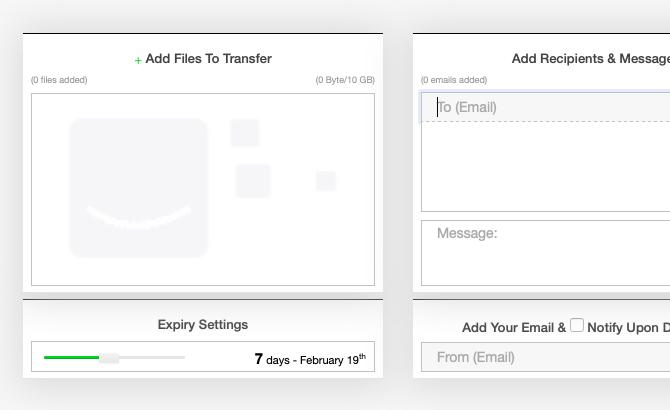 SendTransfer फ़ाइल अपलोडर इंटरफ़ेस