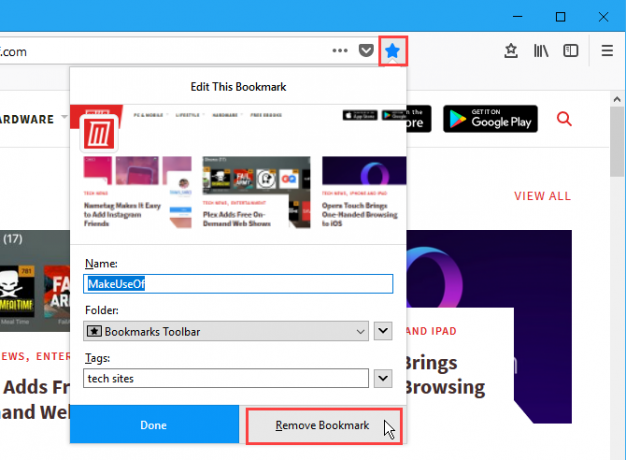 फ़ायरफ़ॉक्स में इस बुकमार्क संपादित करें संवाद बॉक्स पर बुकमार्क हटाएं पर क्लिक करें