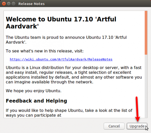 Ubuntu 17.10 में अपग्रेड के लिए नोट्स जारी करें संवाद बॉक्स