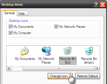 रीसायकल बिन आइकन बदलें