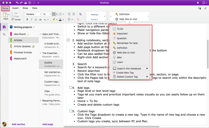 टैग गैलरी से OneNote में एक टैग जोड़ें