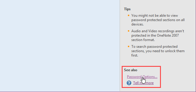 OneNote 2016 में पासवर्ड विकल्प पर क्लिक करें